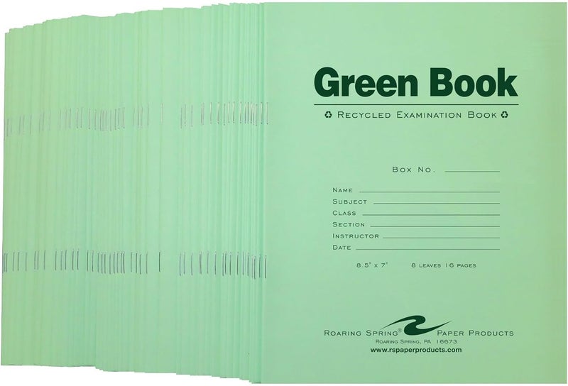 Roaring Spring Recycled Green Exam Books, 50 School Examination Booklets, 8.5" x 7", 8 Sheets/16 Pages, Wide-Ruled with Margin Student Testbook, Made in USA - Image 1